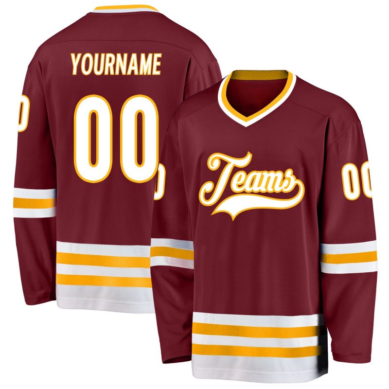 d46ab9ef333b362927193679094dd248 Men's Custom Burgundy White-Gold Hockey Jersey - Image 1