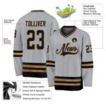 Men's Custom Gray Black-Old Gold Hockey Jersey - Image 3